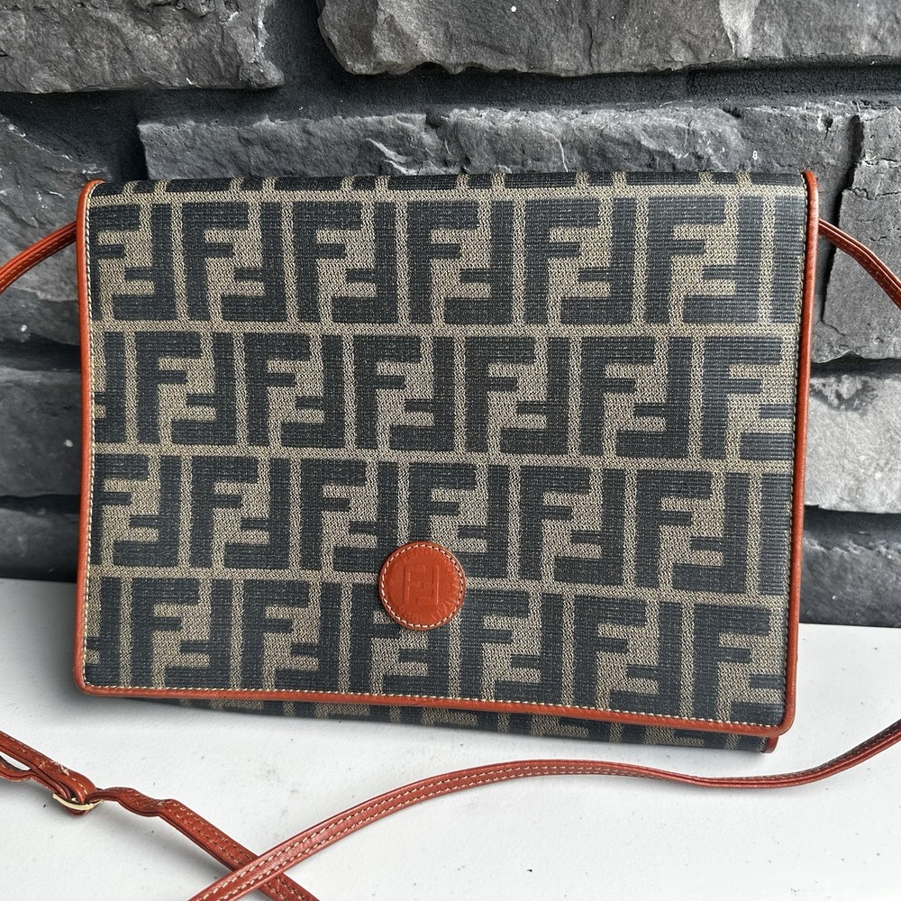Vintage 80s / 90s Fendi Zucca Monogram Logo Brown Crossbody Shoulder Bag Purse